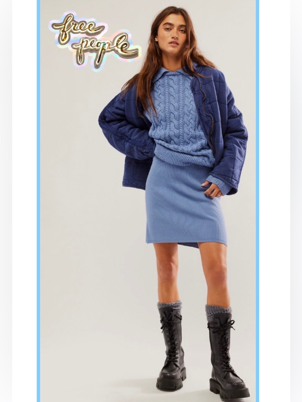🆕 Free People Laurel Sweater|Mini Skirt SET Blue Large